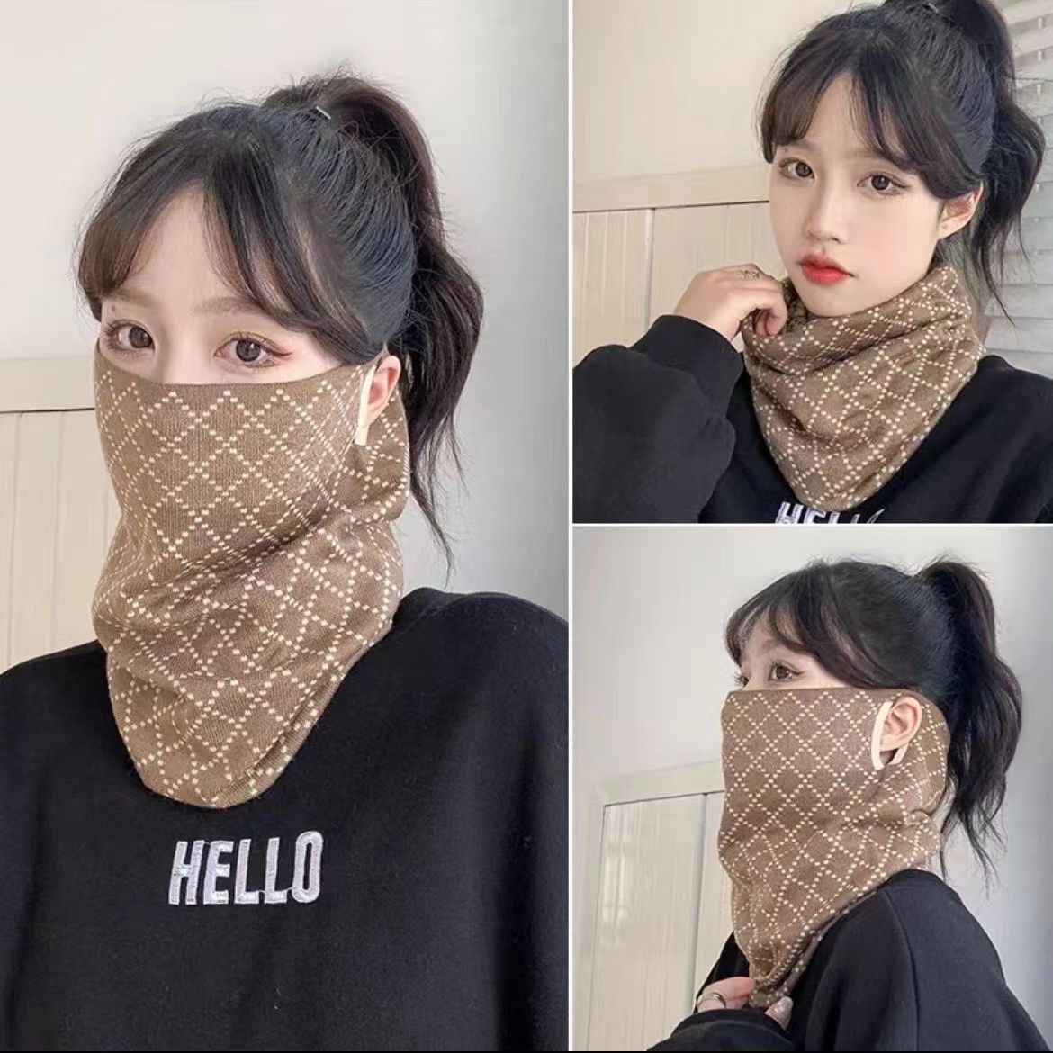 가을 겨울 귀걸이 [카키 다이아몬드 체크] 다기능 플러스 벨벳 스타일