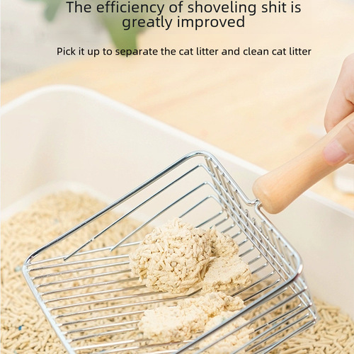 Wooden handle cat litter shovel stainless steel large cat litter shovel cleaning tool household metal cat litter shovel factory direct sale