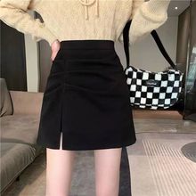 白枕鹤毛呢半身裙女秋冬新款不规则高腰字裙显瘦包臀短裙小