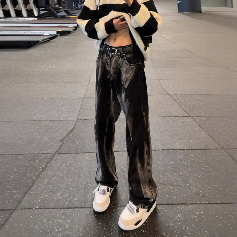 Black Tie-Dye Jeans for Men, Spring and Autumn, Trendy Brand, Stylish Streetwear, Flared Pants, American Drill Straight-Leg Scimitar Pants