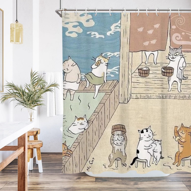 Japanese-Style Cartoon Cat Shower Curtain Waterproof and Mildew-Proof Bathroom Door Curtain Bathroom Partition Dry and Wet Separation Blocking Curtain