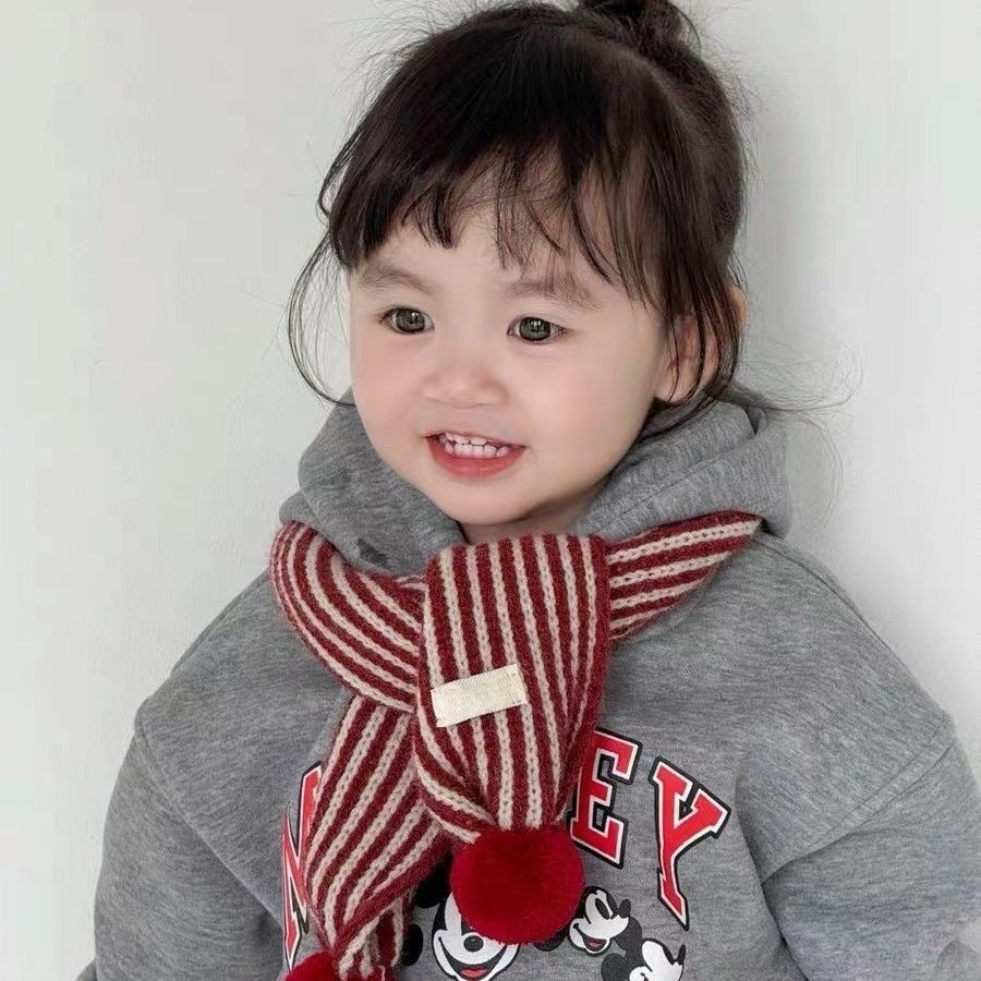 Children's Wool Scarf Winter Cute Bear Baby Stripesd Scarf Warm and Thickeneded Cold-Proof Baby Knitted Neck Cover