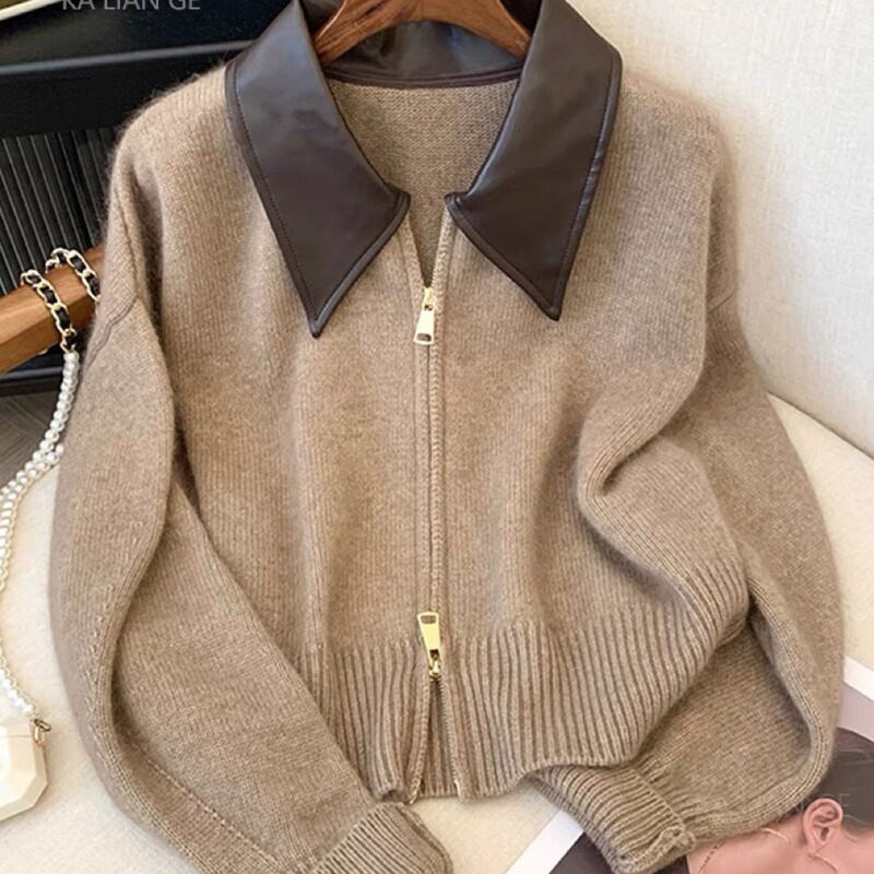 Amazon High-End Leather Polo Collar Splicing Knitted Cardigan Double-Ended Zipper Lazy Cashmere Jacket Top for Women