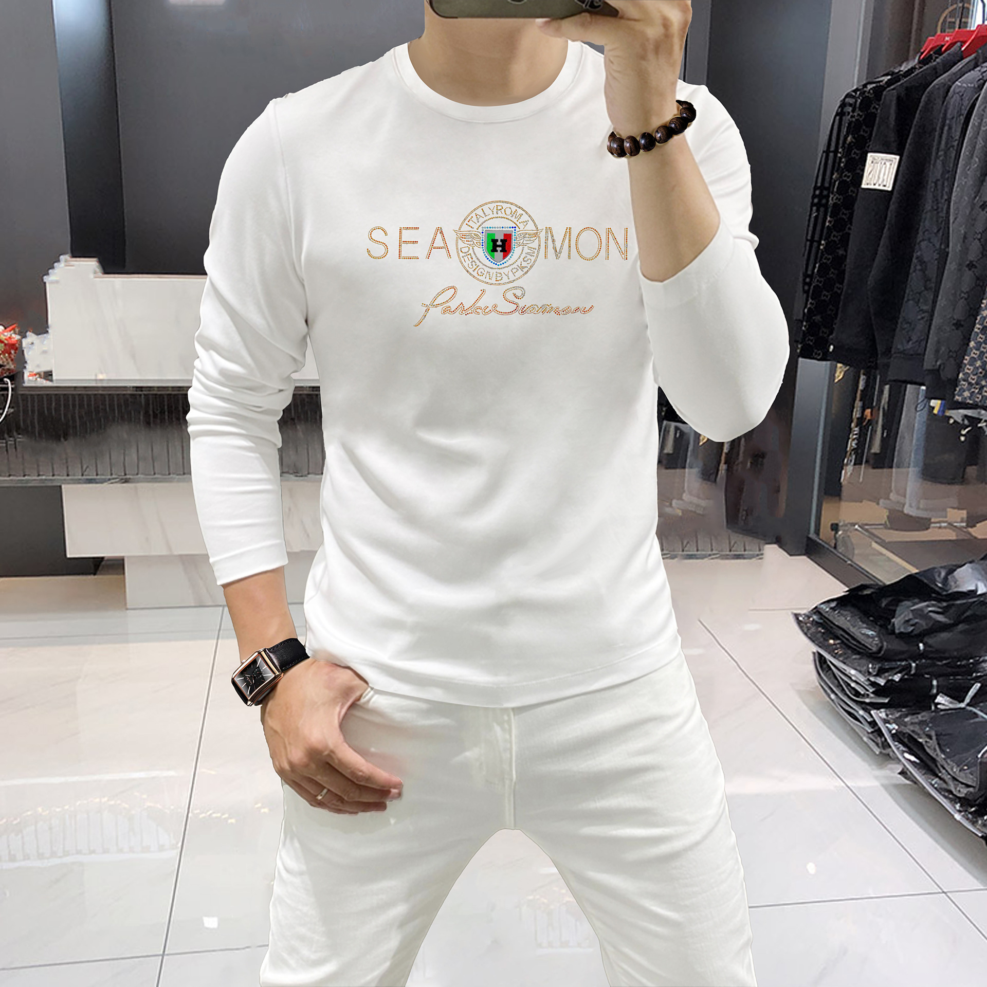 European Brand Fashion Rhinestone Long Sleeve T-Shirt for Men Round Neck Shirt Spring Autumn Bottoming Shirt Comfortable Cotton T Shirt Men's Top_voghion.com