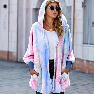 2025 Independent Station Winter New Contrast Color Velvet Jacket European and American Cross-Border Hooded Loose Cardigan Woolen Jacket for Women