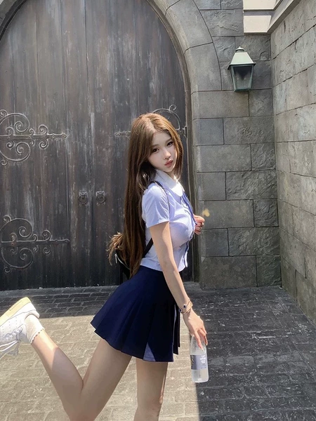 Blue stripes + collar + black skirt