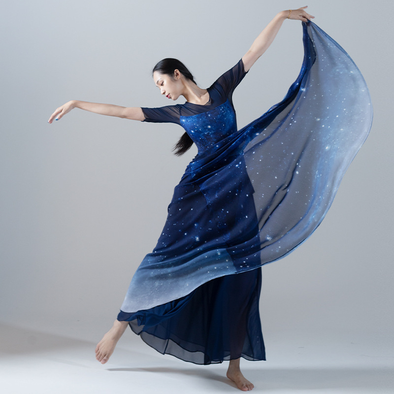 Starry Sky Gradient Chiffon Dance Suit for Women Summer Starry Blue Large Skirt Elegant Modern Dance Clothing Dance Group