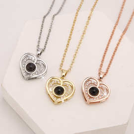 跨境100种语言爱的记忆双爱心投影项链镶钻小香风百搭可图片定 制