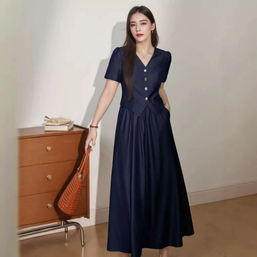 Retro denim summer skirt, set, plus size, V-neckline, A-line, fitted