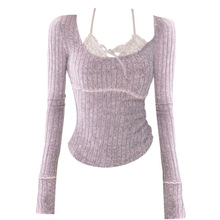 甜酷辣妹假两件蕾丝拼接长袖2024早秋新款修身显瘦内搭打底衫女装