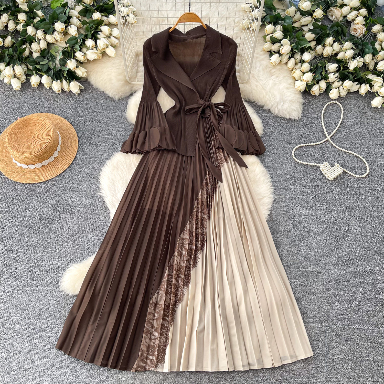 Elegant V-Neck Floral Print Maxi Dress Wrap Style Flared Sleeves Ruffle Hem Office-Ready One-Size Fits US 4-12 Four Colors_ecoleips.com