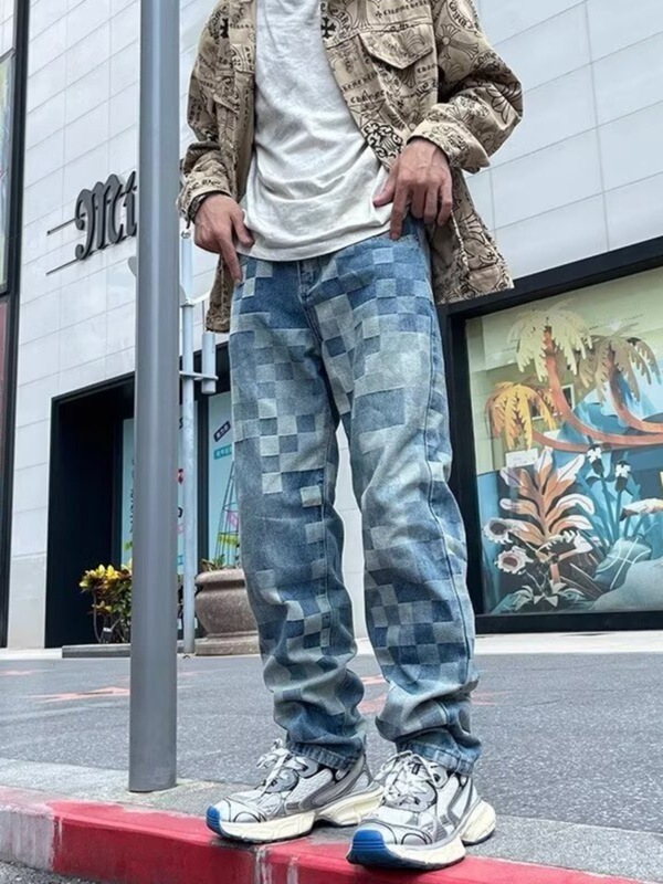 European and American Mosaic Plaid High Waist Jeans Men's Spring and Autumn American Style High Street Trendy Brand Loose Slimming Straight Pants