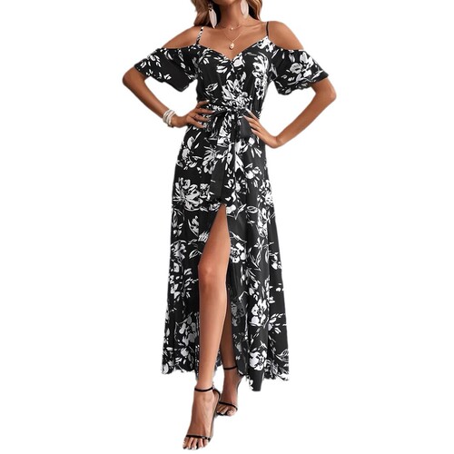 Women's Sexy Strapless Asymmetrical Long-Sleeve Floral Beach Dress