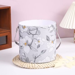 鮮花抱抱桶花盒手提圓形皮革玉蘭花紋禮物盒伴手禮空盒花束包裝盒