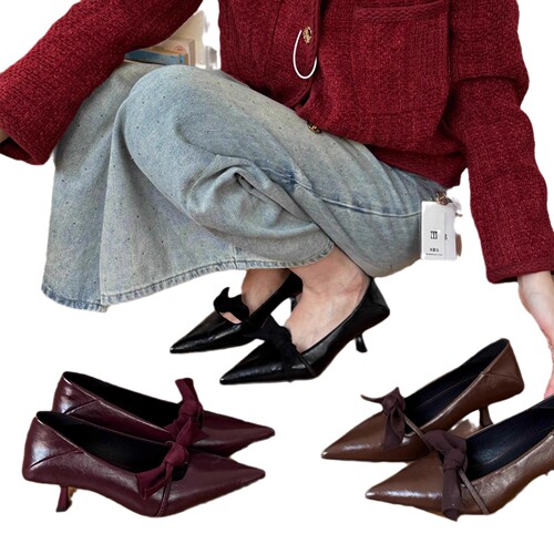 Black Small Leather Shoes New French Evening Wind Belt Buckle Bowknot Pointed Toe Thin Heel Elegant Women's Shoes