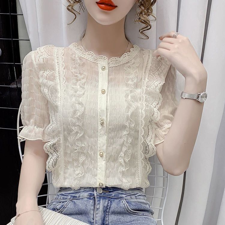 Puff-Sleeved Chiffon Top 2025 New Summer Style Stylish Hollow Lace Ruffled White Shirt Fashionable Short-Sleeved Puff-Sleeved Chiffon Top 2025 New Summer Style Stylish Hollow Lace Ruffled White Shirt Fashionable Short-Sleeved