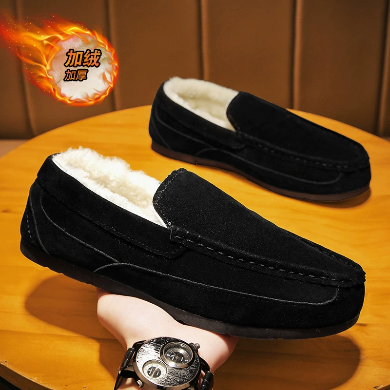 Мужские зимние слипоны с интегрированной кожей и мехом, утепленные плюшем и утолщенные для тепла, модные мужские слипоны из хлопка.