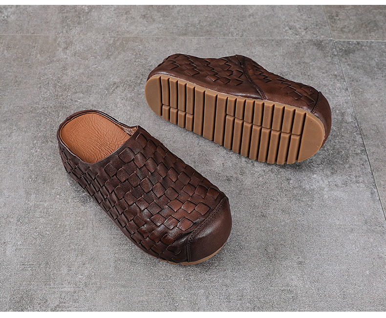 Sandal cao gót nữ da thật mũi nhọn đan thủ công, gót 9 cm — màu nâu chi tiết 13
