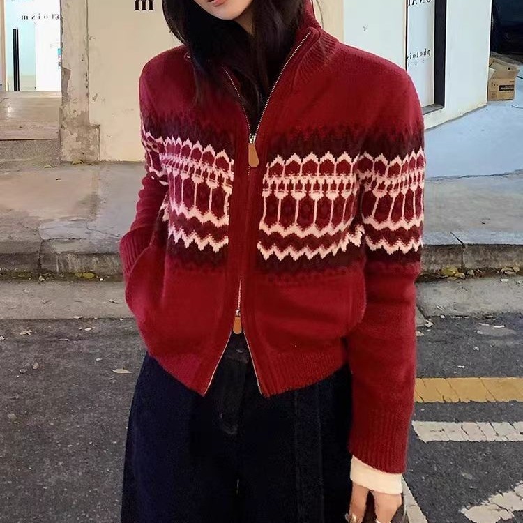 冬高领双拉链100羊毛衫长袖撞色开衫女宽松显瘦羊绒针织外套上衣|undefined