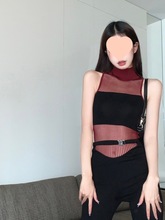 甜辣夏季性感欲条纹高领修身辣妹无袖内搭打底衫拼接背心上衣女