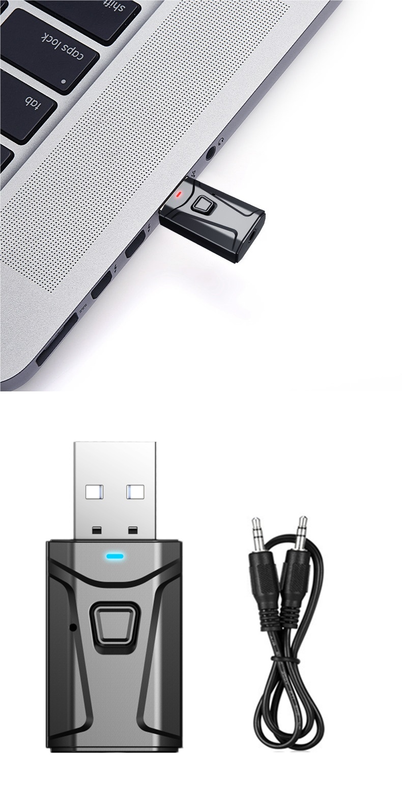 Four-in-one Bluetooth 5.0 audio transmitter and receiver for computer, TV, speaker, headphones, and hands-free calling in the car