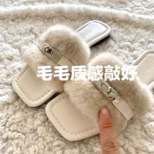 复古百搭平底毛毛拖鞋女外穿秋季新款时尚金属扣时尚外穿一字拖鞋