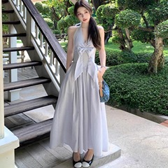 フレンチスタイルの女性の新しい夏の海辺の休暇スカート純粋な欲望のフィッシュボーンウエストホルターネックVネックリボンドレス