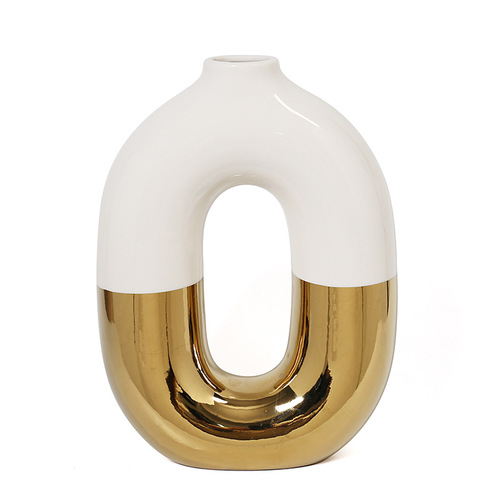 Luxury golden electroplated ceramic oval flower vase home craft art piece living room soft decoration 
