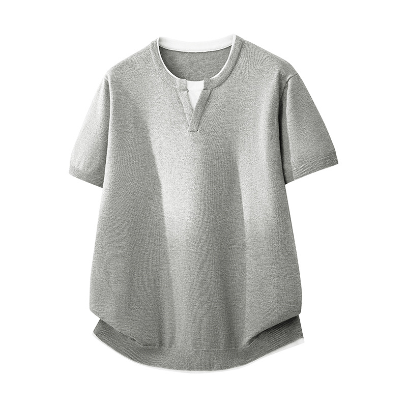 ZH8119-3D夏季V领针织衫短袖简约时尚假两件T恤新款收口上衣，男装针织衫/毛衣，星座614