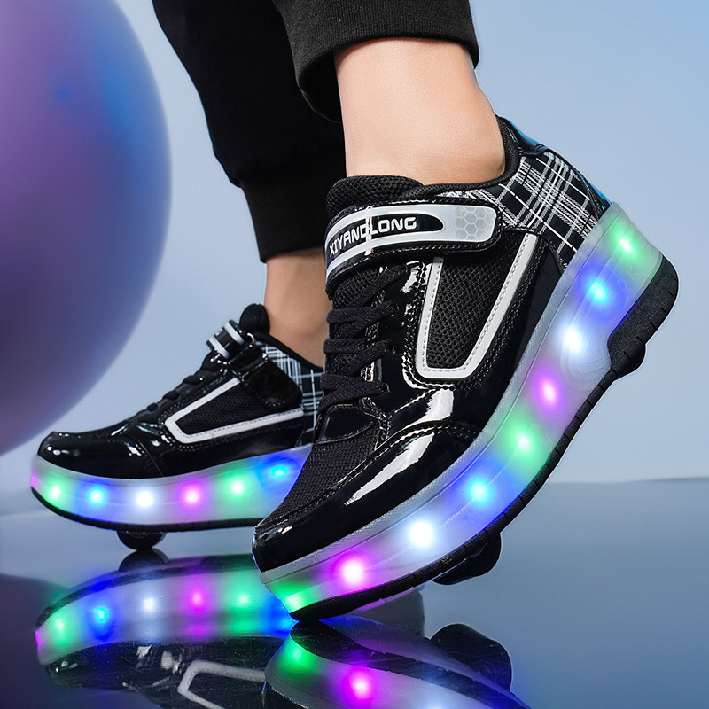 Children's heelloo shoes girls net red flashing lights charging can automatically shrink adult shoes with wheels in stock wholesale