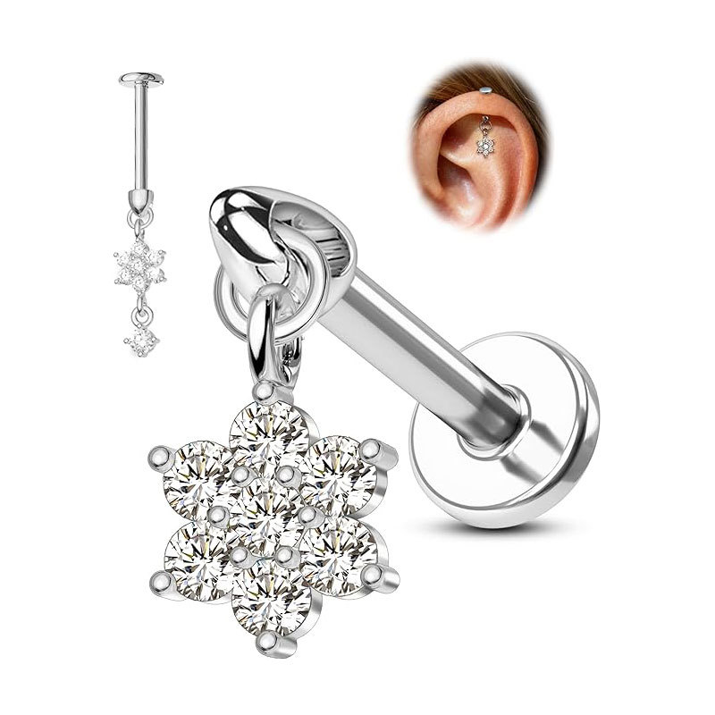 Custom Flower-Shaped Water Drop Zircon Earrings Ear Bone Studs 16g Stainless Steel Piercing Jewelry detail image 11