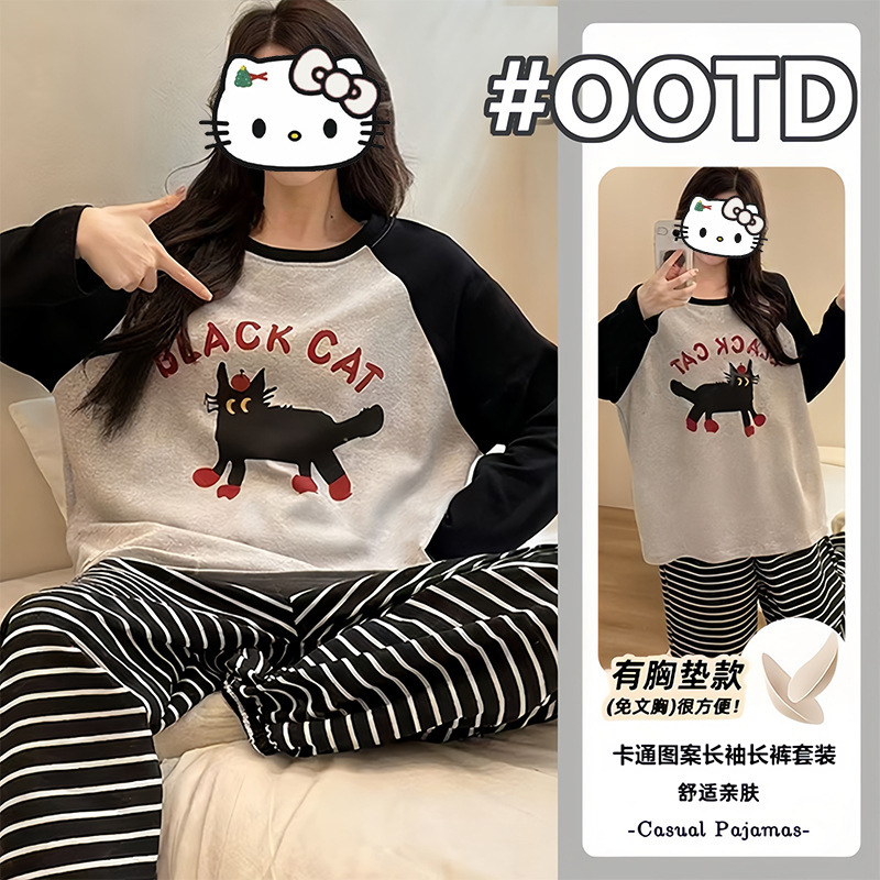 2025 Long-Sleeved Pajamas for Women in Autum with Breast Pads, Thin Cartoon Girl Students, Round Neck, Winter Wearable Home Clothes 2025 Long-Sleeved Pajamas for Women in Autum with Breast Pads, Thin Cartoon Girl Students, Round Neck, Winter Wearable Home Clothes