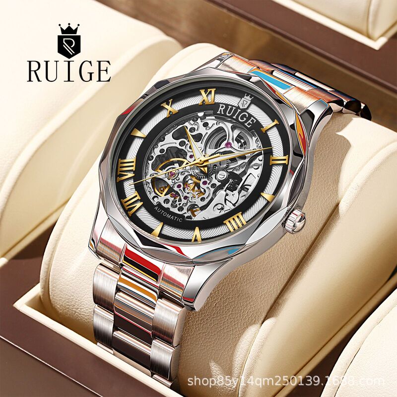 Ruige Men's Business Sports Multifunctional Stainless Steel Strap Automatic Mechanical Watch Hollow Dial Design Easiest for Match