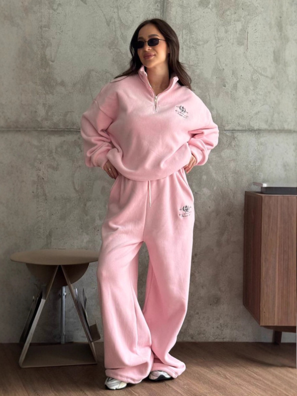 欧美粉色百搭字母刺绣套装女秋冬慵懒磨毛半拉链卫衣直筒长裤两件|undefined