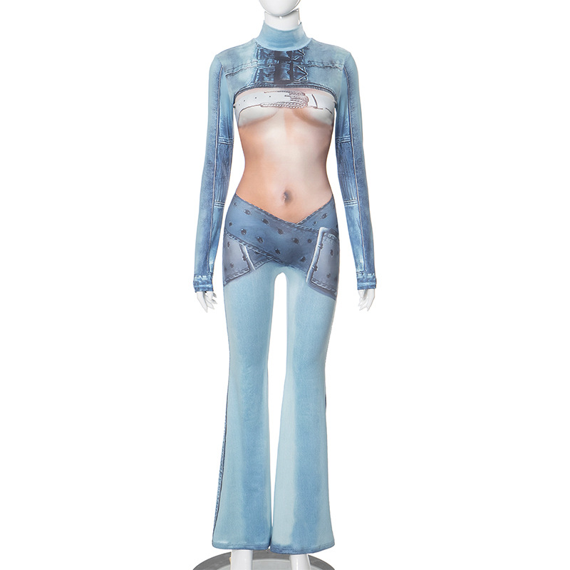 Women Clothing Autumn Winter Imitation Denim Body Print Long Sleeve Turtleneck Horn One Piece Trousers