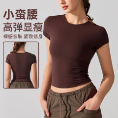 欧米の丸首レジャー運動半袖通気速乾ヨガtシャツは腰を収めて身を修めてランニングします。