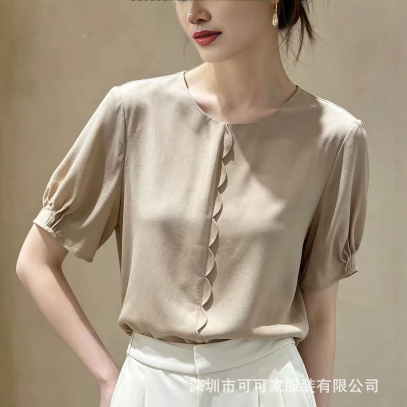 Minimalist Style Silk Lace Round-Neck Blouse for Women, Summer Loose Puff Sleeves, Slimming and Versatile Silk Shirt Minimalist Style Silk Lace Round-Neck Blouse for Women, Summer Loose Puff Sleeves, Slimming and Versatile Silk Shirt