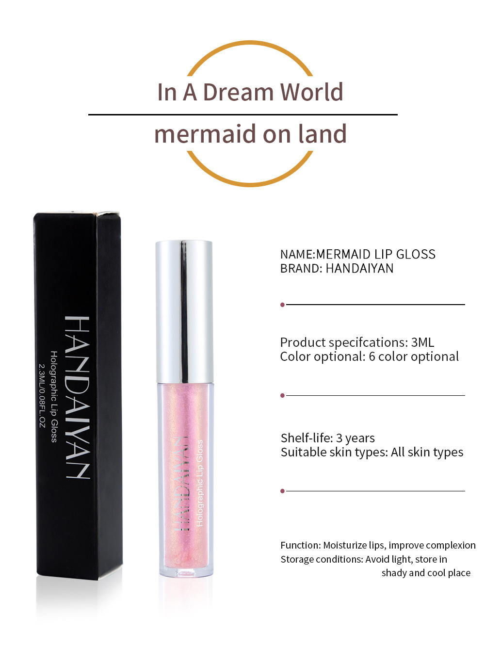Cross-border Pearlescent Lip Gloss Mermaid HANDAIYAN Long-lasting Moisturizing, Dazzling Bright and Polarized Lip gloss Lip Gloss Item Picture