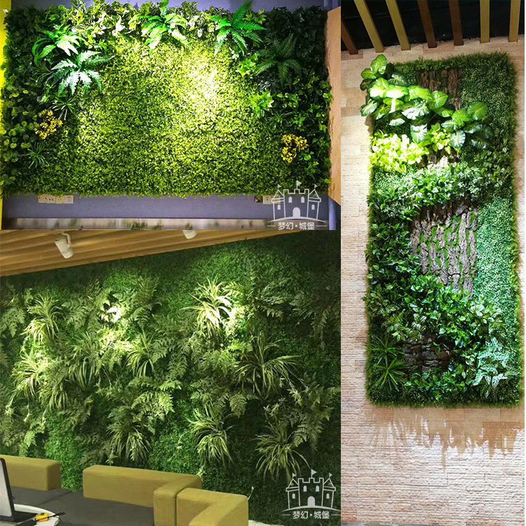 Planta artificial pared Fondo pared puerta tienda letrero decoración flor pared verde plástico falso flor eucalipto planta verde pared