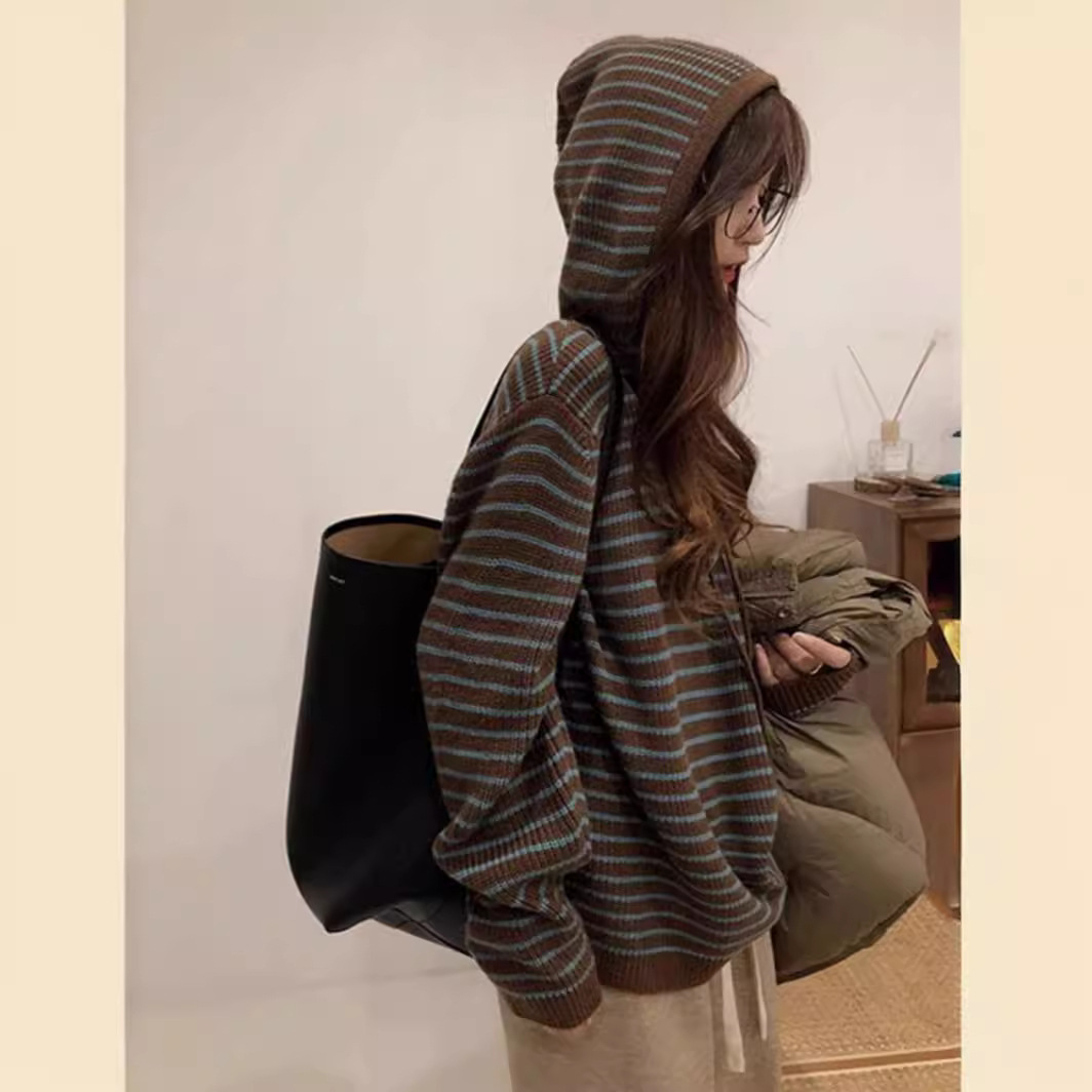 [Cashmere Family] Women's Knitted Pullover Hooded Striped Sweatshirt Sweater, Stylish Inner Layer, Plus-Size Base Layer Shirt