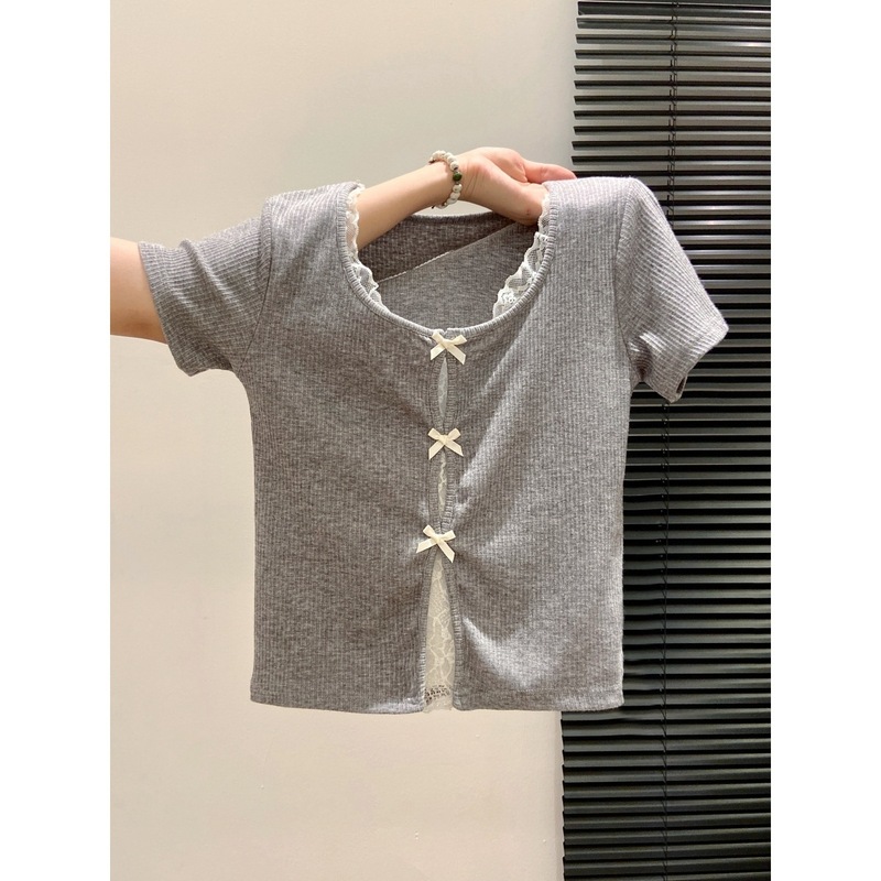 2025 夏韓国スタイルスクエアカラーコントラストレースリボンデザイン甘い偽ツーピース半袖 Tシャツショートトップ|undefined