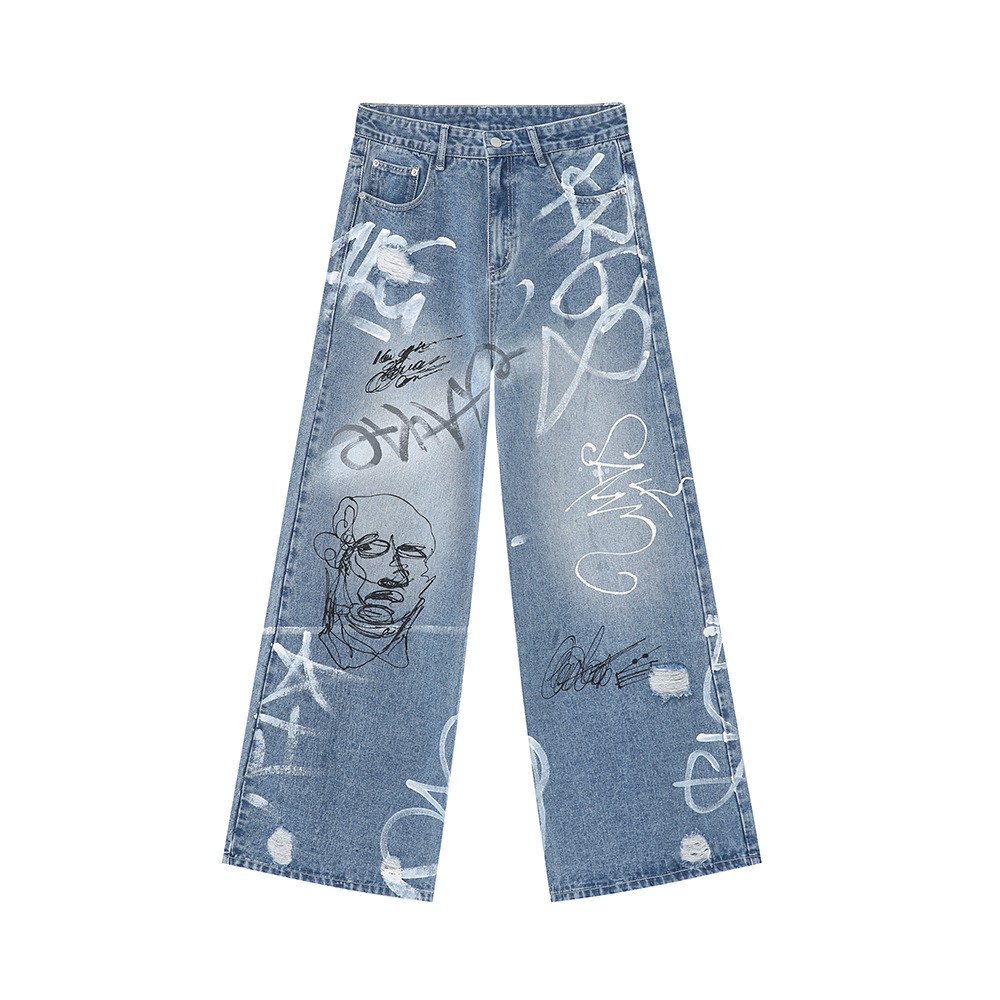 MTLCLOTHES Hombres| 2024 verano nuevos productos de moda moda graffiti callejero interesante jeans de trapazo de barril recto