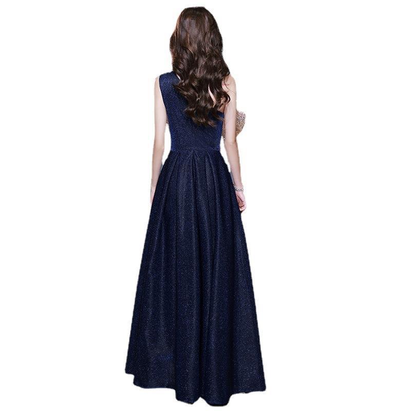 Vestido de noche azul marino para mujer 2025, nuevo, sexy, con lazo, para banquete, elegante, para anfitriona, reunión anual