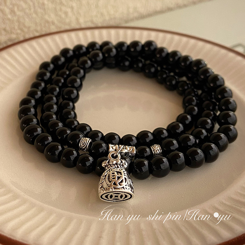 Vintage Punk Style Blackstone Lava Beaded Hand Ring Fashionable Chinese Style Wealth Pendant Stacked Elastic Bracelet for Men