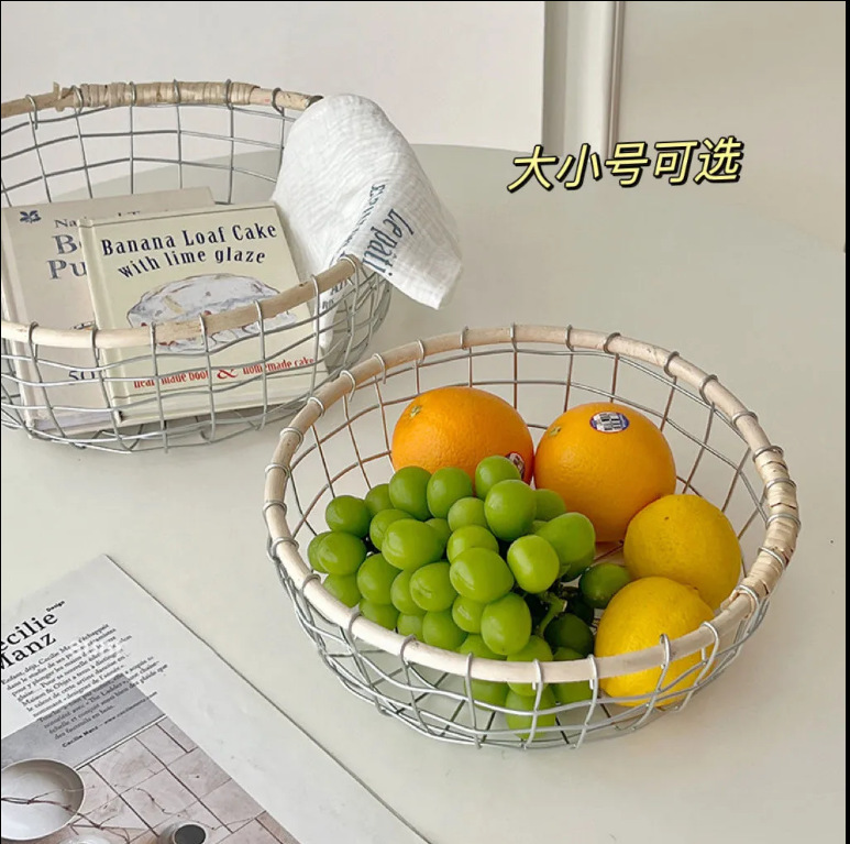 鉄線編みバスケット 手作り 鉄工芸 ヴィンテージ 北欧風 スナック パン フルーツ 雑貨 収納|undefined
