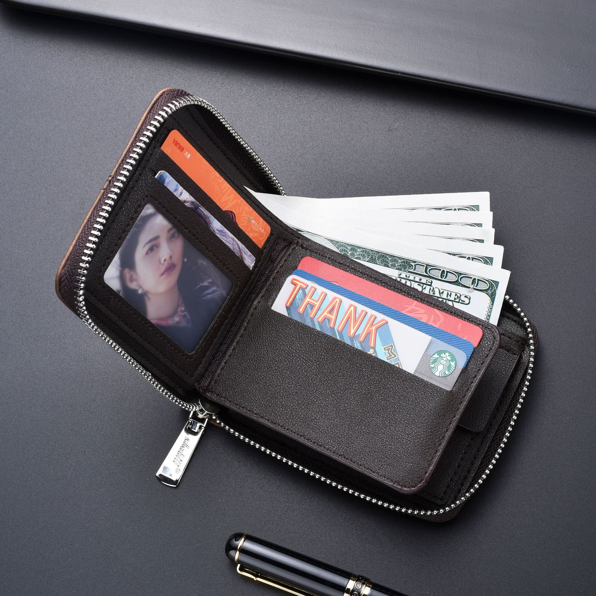 Cartera corta de hombre retro con cremallera estilo negocios moda simple