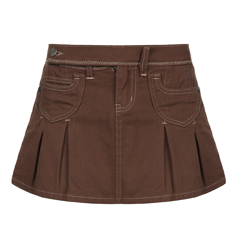 retro brown high waist denim casual pleated skirt NSSSN120077