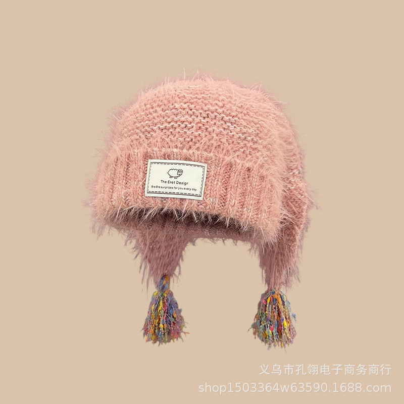 日系新款可爱兔耳朵毛线帽子女秋冬季保暖显脸小仿兔毛流苏针织帽|undefined