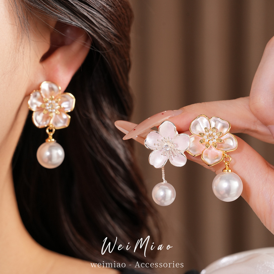 Aguja de plata zircon goteo flor perla pendientes pequeños frescos dulces accesorios de vacaciones pendientes lujosos de alta calidad pendientes