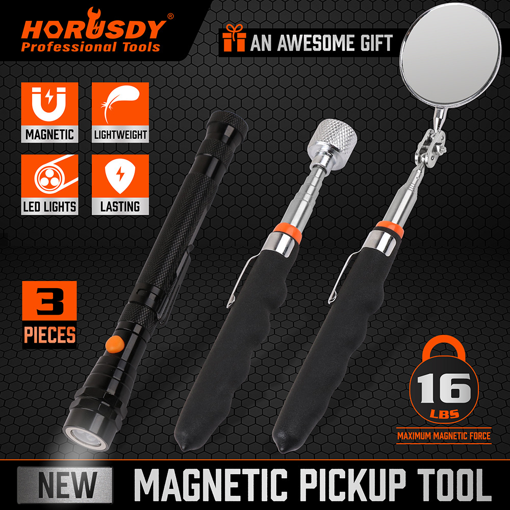 跨境专供LED带灯万向伸缩强磁性捡拾器螺丝钉拾取器磁吸棒手电筒